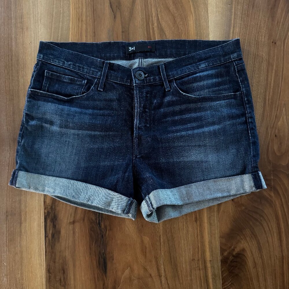 Dark wash 3x1 NYC denim roll hem shorts, sz 27
